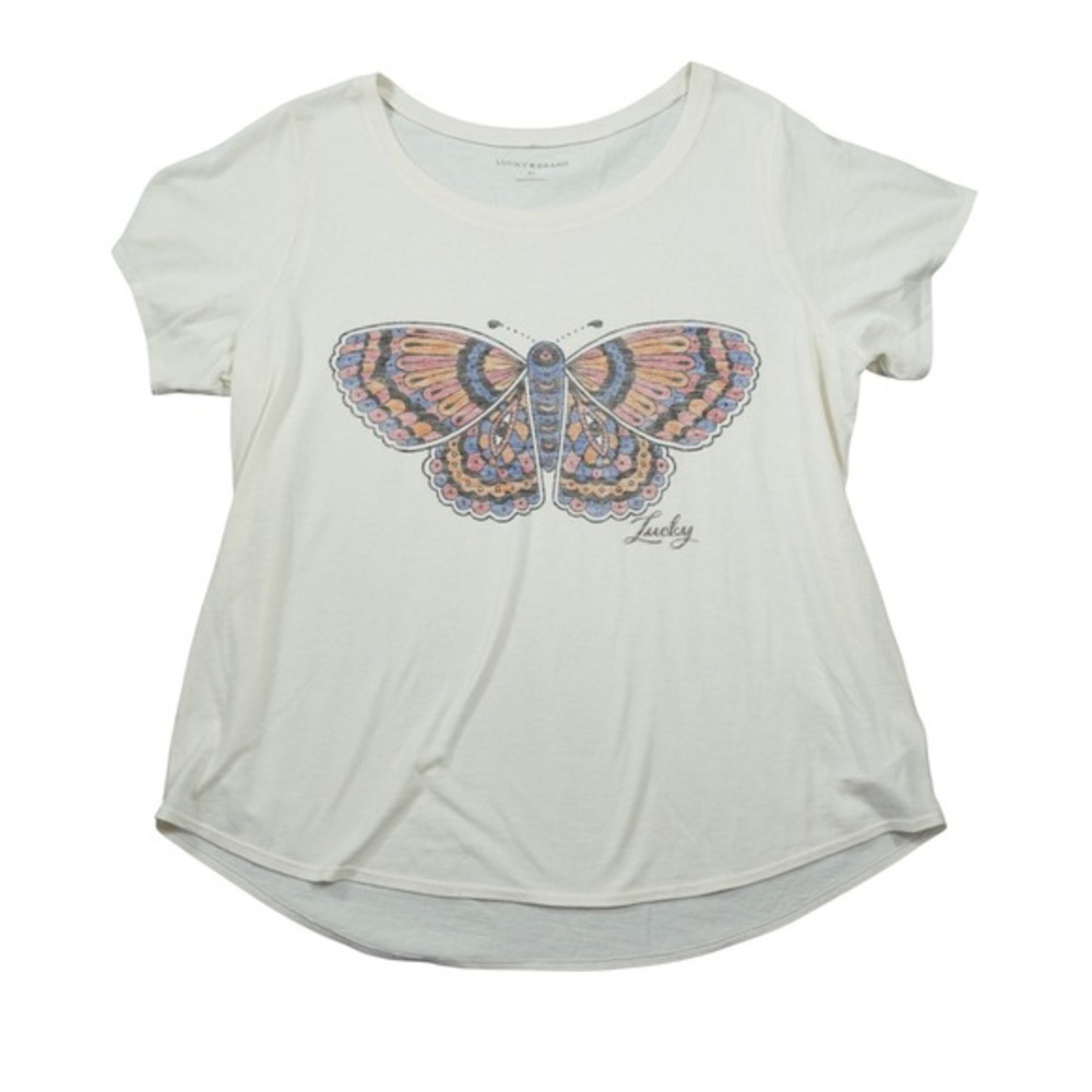 Lucky Brand Women's XL‎ Butterfly Graphic T-Shirt Cream Short Sleeve Scoop Neck